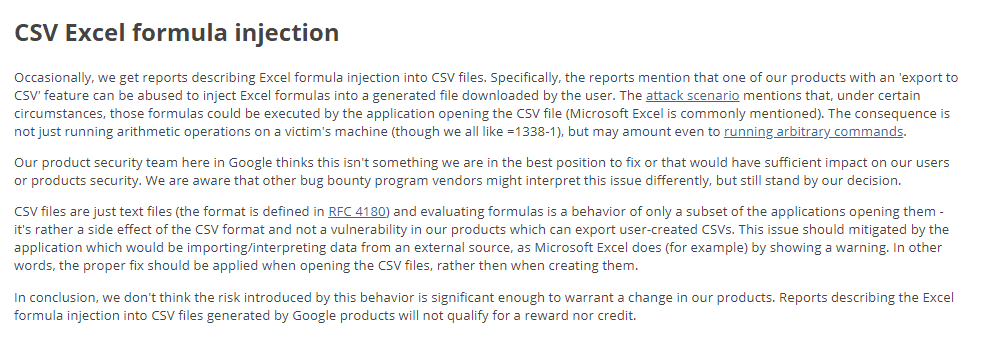 Polityka Google odnośnie CSV Injection